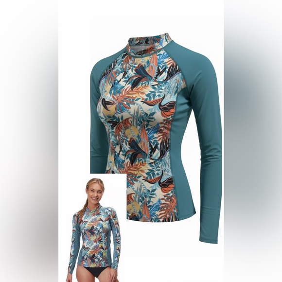 Patagonia Tops - Patagonia Teal Floral Long Sleeve Women's Micro Swell Rashguard Top size M